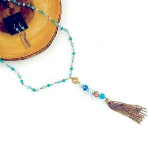Boho gold tone turquoise colored beads with rhinestones necklace & earrings NWT